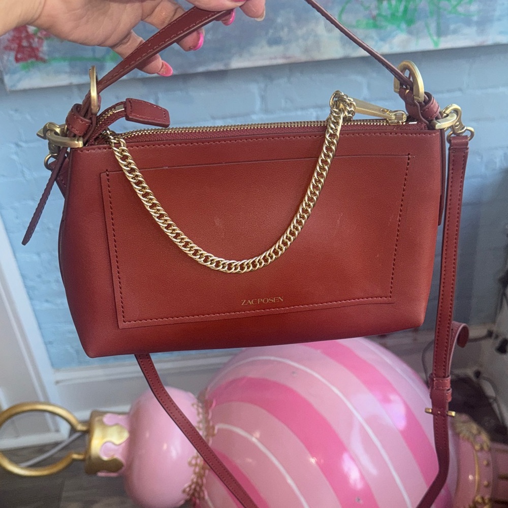 ZAC POSEN Leather Crossbody Bag Brown Gold Chain Strap Chic Small Purse - Picture 2 of 7